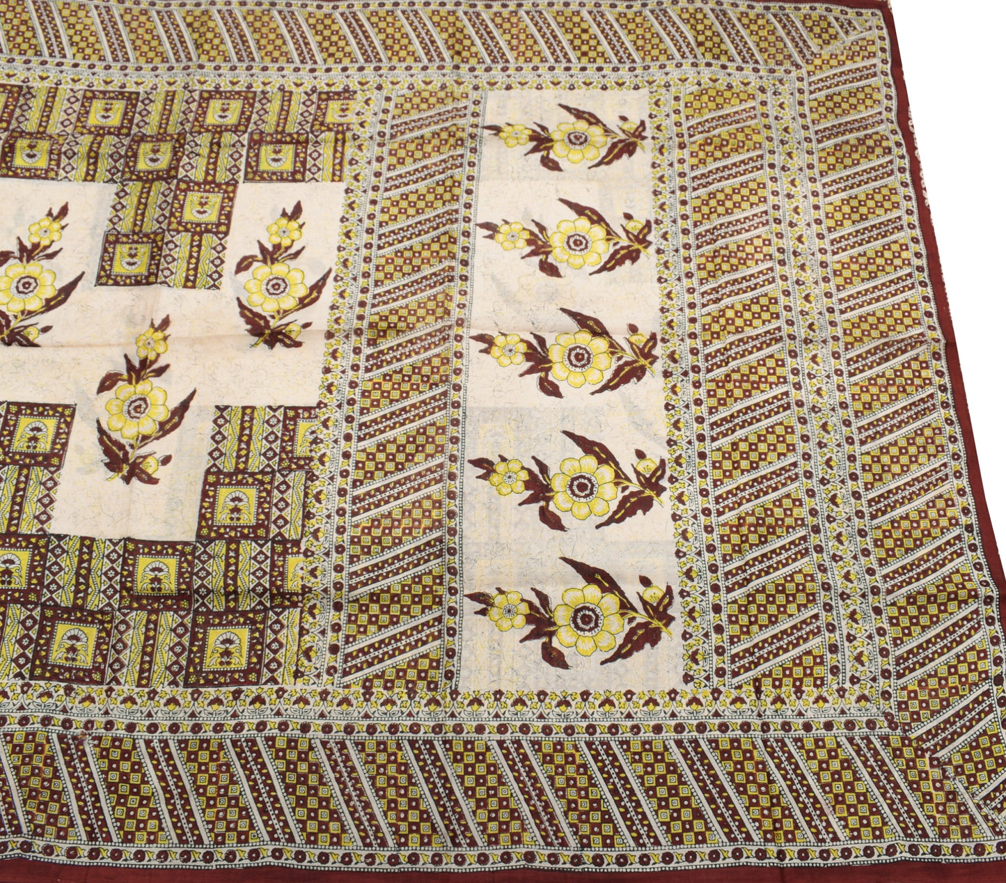 Sushila Vintage Saree 100% Pure Silk Cream Hand Block Printed Soft Craft Fabric