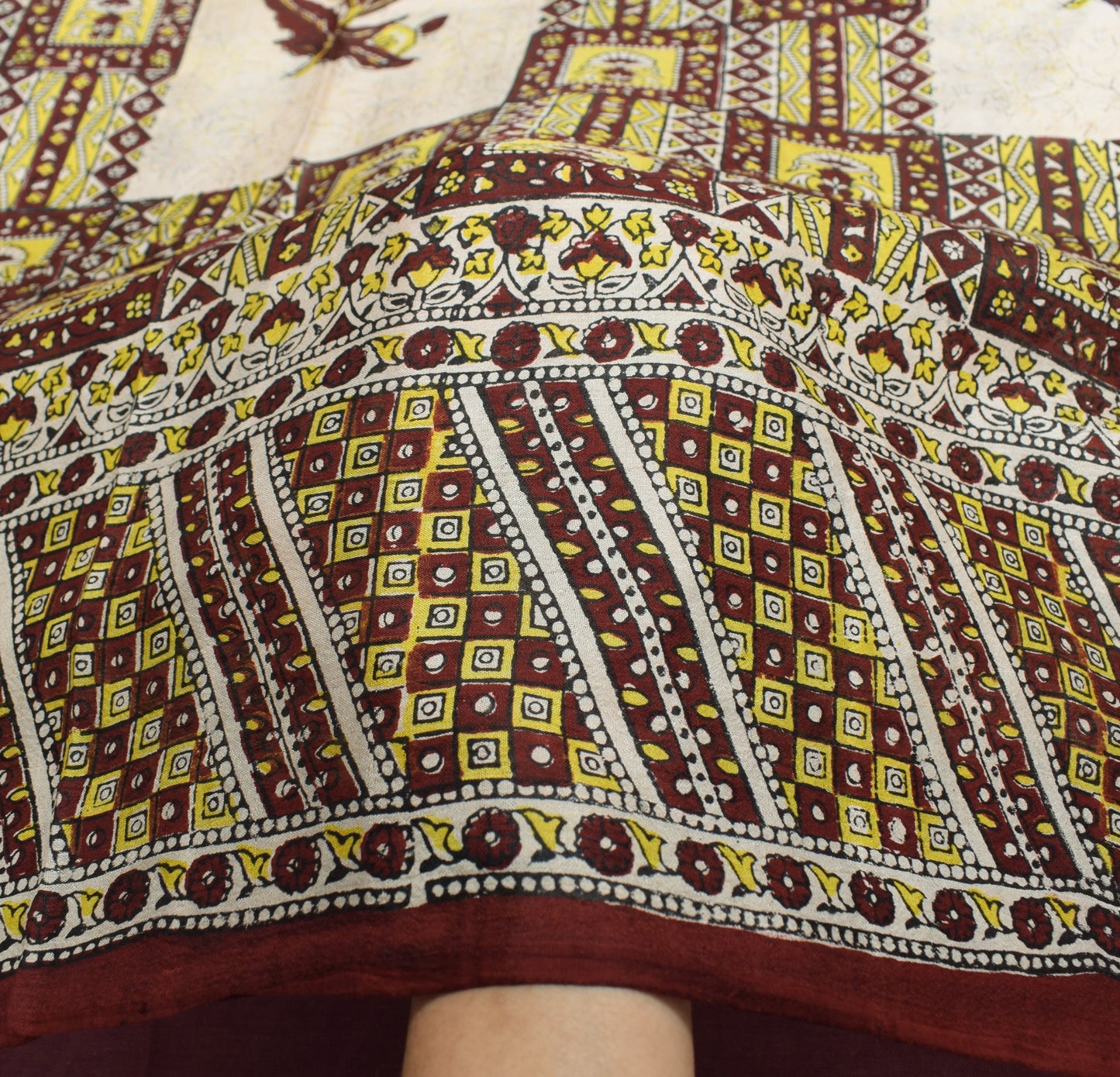 Sushila Vintage Saree 100% Pure Silk Cream Hand Block Printed Soft Craft Fabric