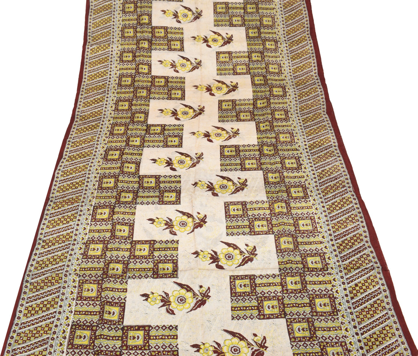 Sushila Vintage Saree 100% Pure Silk Cream Hand Block Printed Soft Craft Fabric