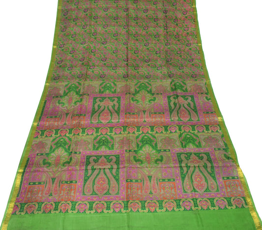Sushila Vintage Floral Green Saree 100% Pure Silk Printed Soft Craft Fabric