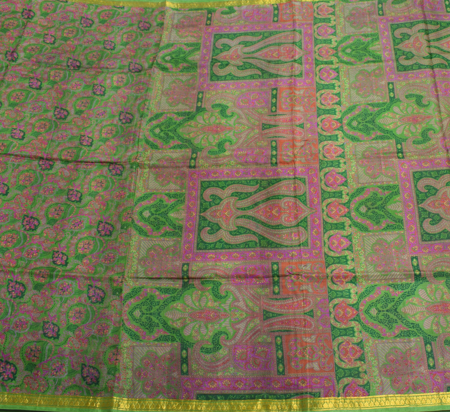 Sushila Vintage Floral Green Saree 100% Pure Silk Printed Soft Craft Fabric