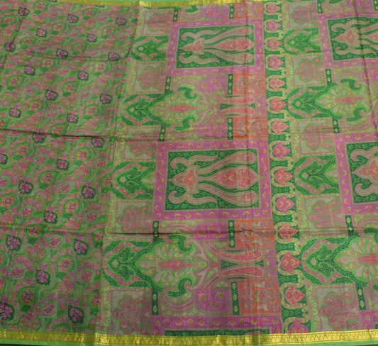 Sushila Vintage Floral Green Saree 100% Pure Silk Printed Soft Craft Fabric