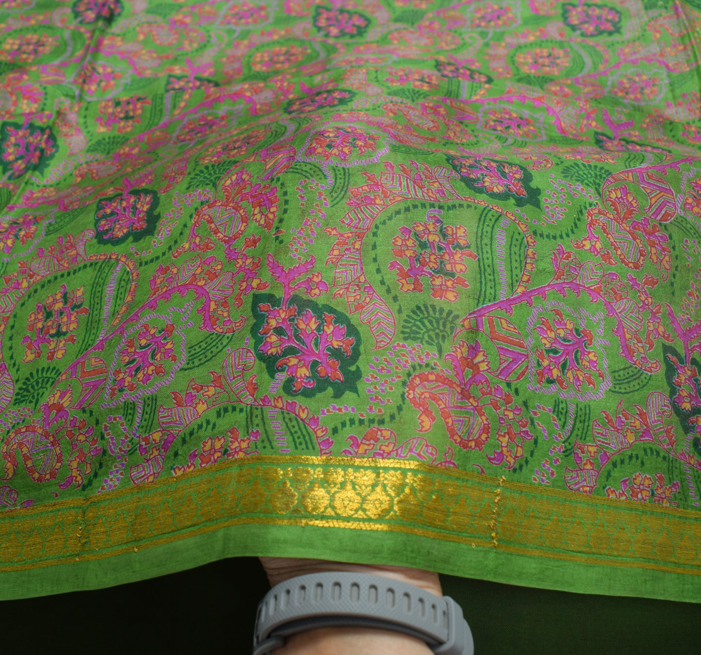 Sushila Vintage Floral Green Saree 100% Pure Silk Printed Soft Craft Fabric