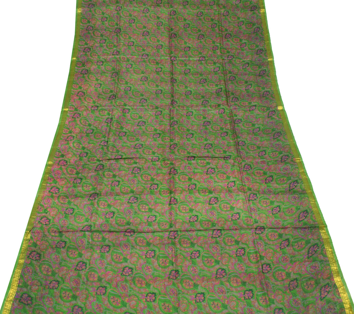 Sushila Vintage Floral Green Saree 100% Pure Silk Printed Soft Craft Fabric