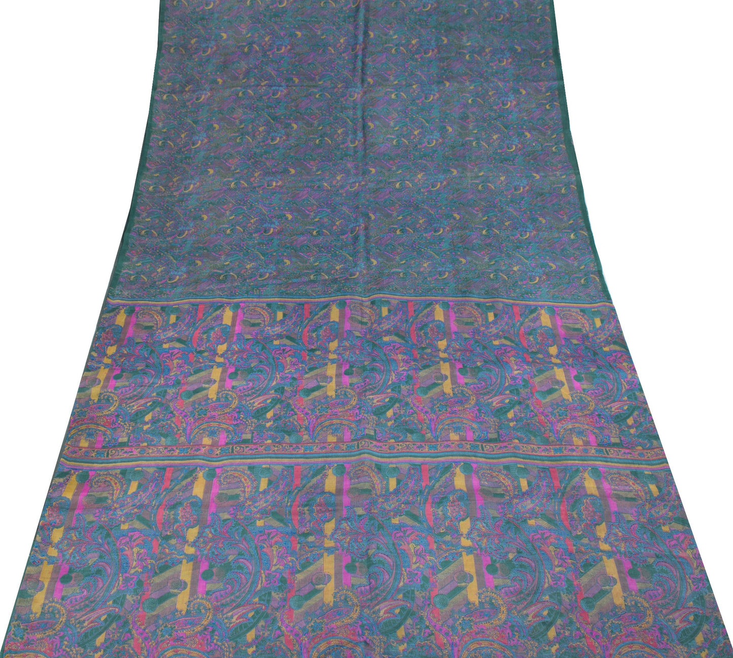 Sushila Vintage Dark Green Saree Pure Silk Printed Abstract Soft Craft Fabric