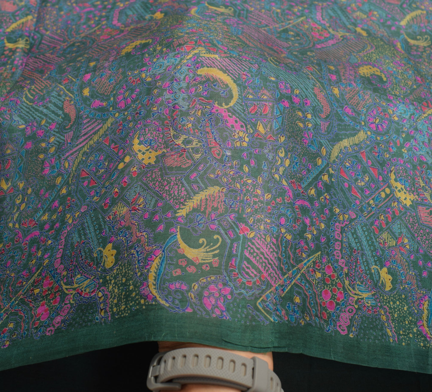 Sushila Vintage Dark Green Saree Pure Silk Printed Abstract Soft Craft Fabric