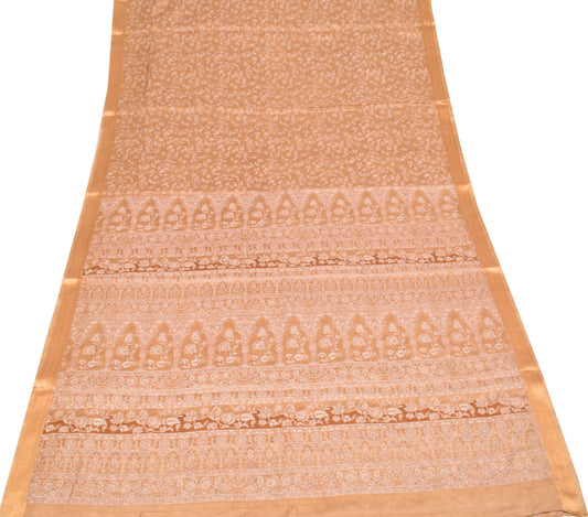Sushila Vintage Brown Floral Saree 100% Pure Silk Printed Soft 5 Yd Craft Fabric