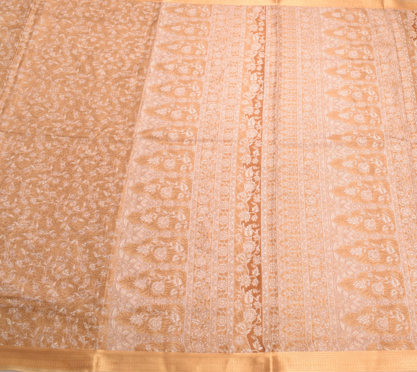 Sushila Vintage Brown Floral Saree 100% Pure Silk Printed Soft 5 Yd Craft Fabric