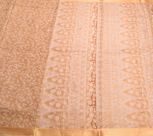 Sushila Vintage Brown Floral Saree 100% Pure Silk Printed Soft 5 Yd Craft Fabric