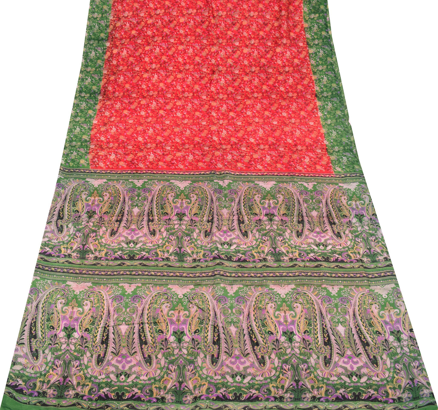 Sushila Vintage Red Green Saree 100% Pure Silk Printed Floral Soft Craft Fabric