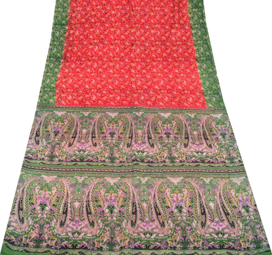 Sushila Vintage Red Green Saree 100% Pure Silk Printed Floral Soft Craft Fabric