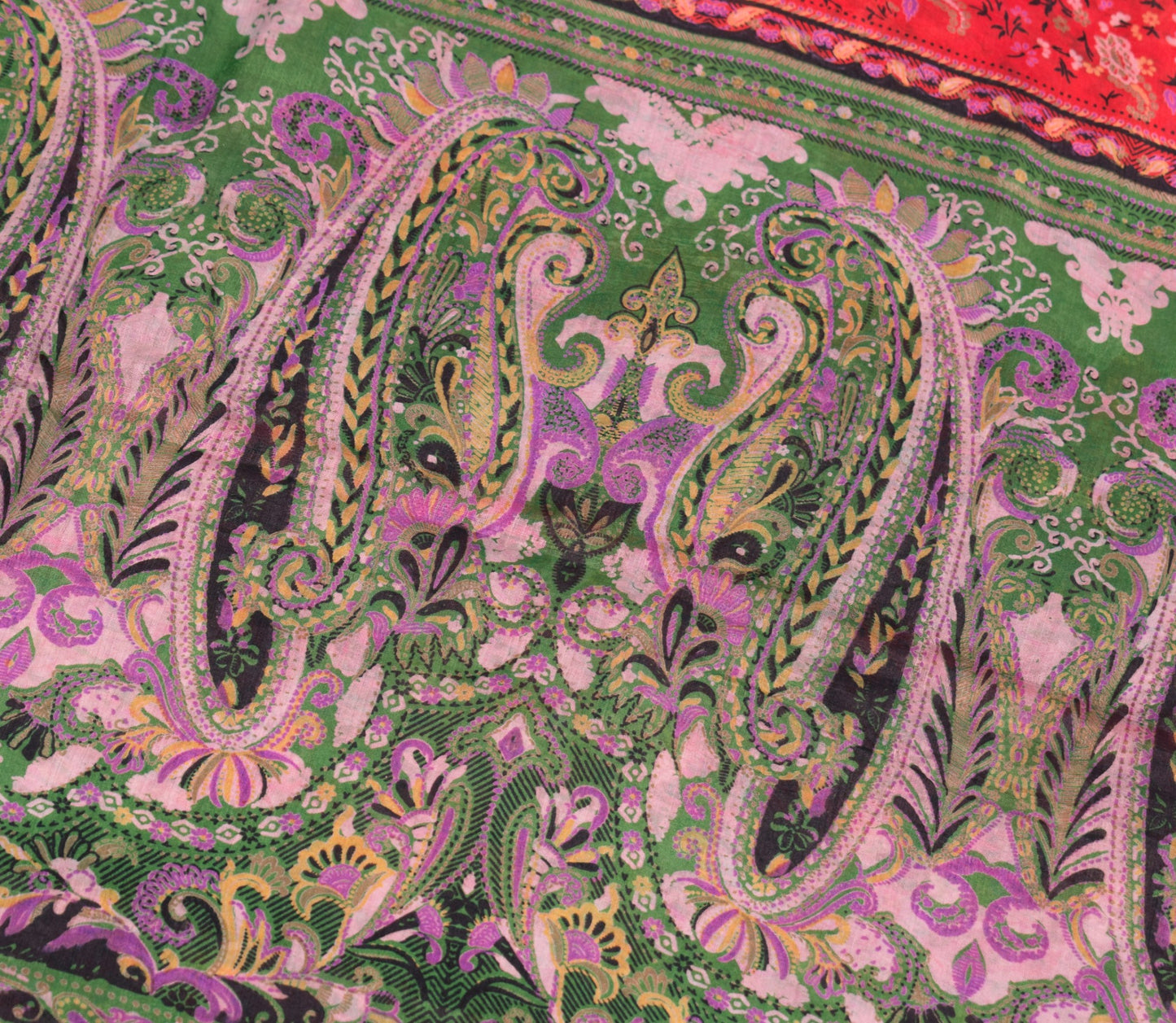 Sushila Vintage Red Green Saree 100% Pure Silk Printed Floral Soft Craft Fabric