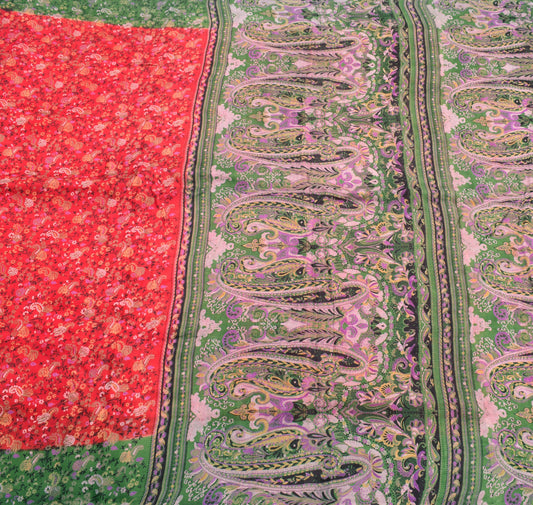 Sushila Vintage Red Green Saree 100% Pure Silk Printed Floral Soft Craft Fabric