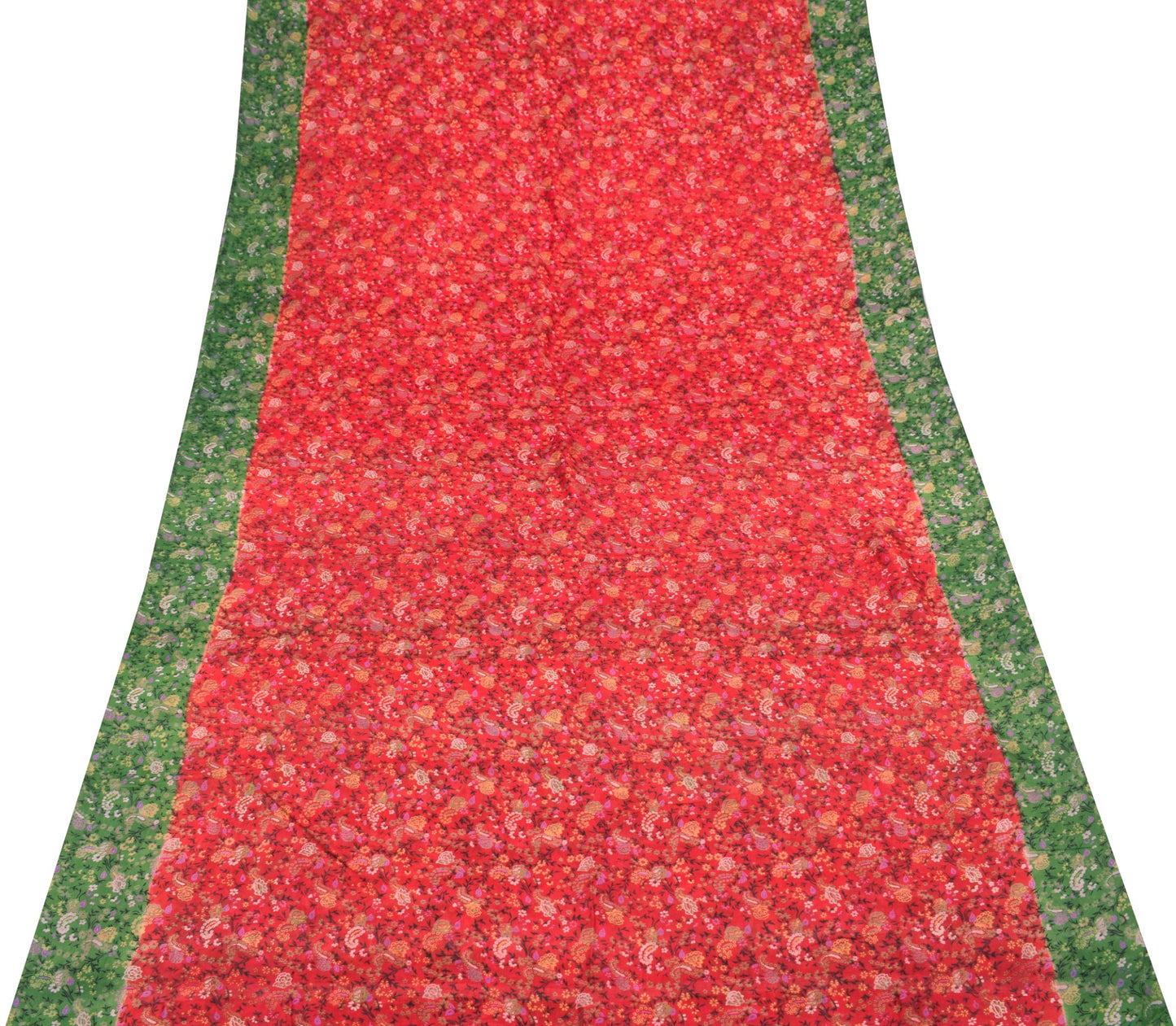 Sushila Vintage Red Green Saree 100% Pure Silk Printed Floral Soft Craft Fabric