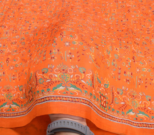 Sushila Vintage Floral Saree 100% Pure Silk Printed Soft Craft Orange Fabric