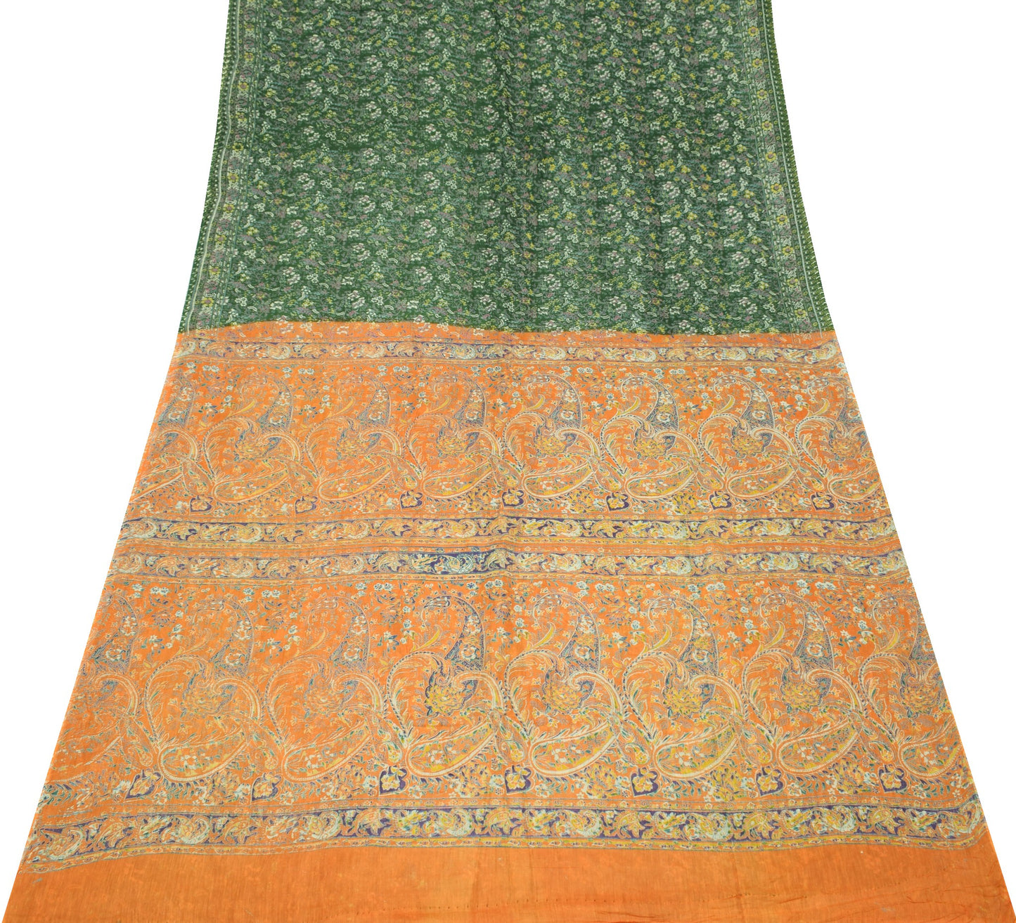 Sushila Vintage Floral Green Saree 100% Pure Silk Printed Soft 4 YD Craft Fabric