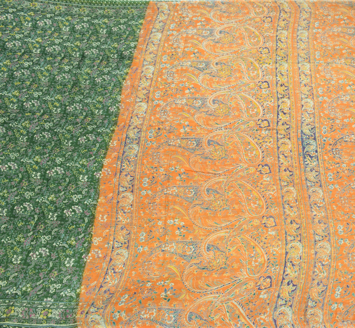 Sushila Vintage Floral Green Saree 100% Pure Silk Printed Soft 4 YD Craft Fabric