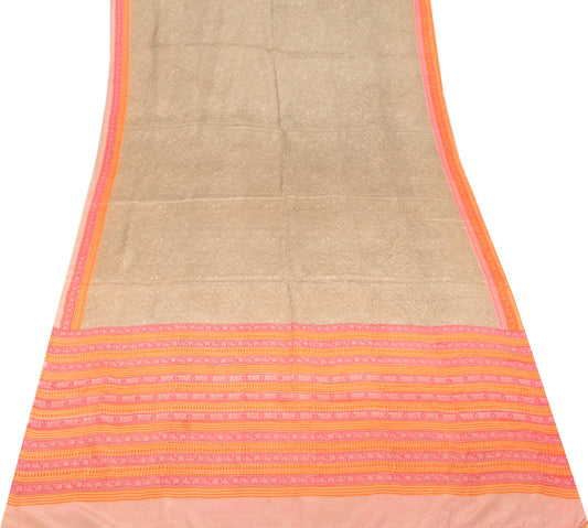 Sushila Vintage Brown Saree 100% Pure Silk Hand Block Printed Soft Craft Fabric