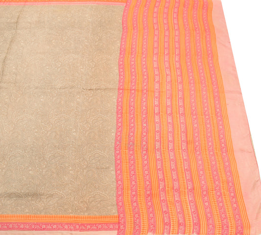 Sushila Vintage Brown Saree 100% Pure Silk Hand Block Printed Soft Craft Fabric