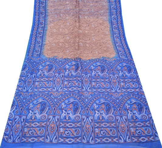 Sushila Vintage Mauve Saree Blue Border Pallu 100% Pure Silk Printed Sari Fabric