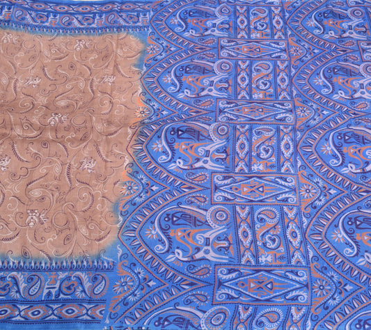 Sushila Vintage Mauve Saree Blue Border Pallu 100% Pure Silk Printed Sari Fabric