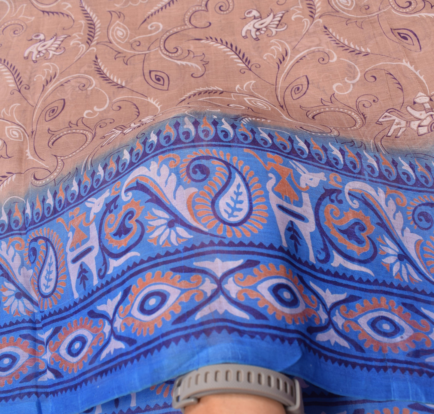 Sushila Vintage Mauve Saree Blue Border Pallu 100% Pure Silk Printed Sari Fabric