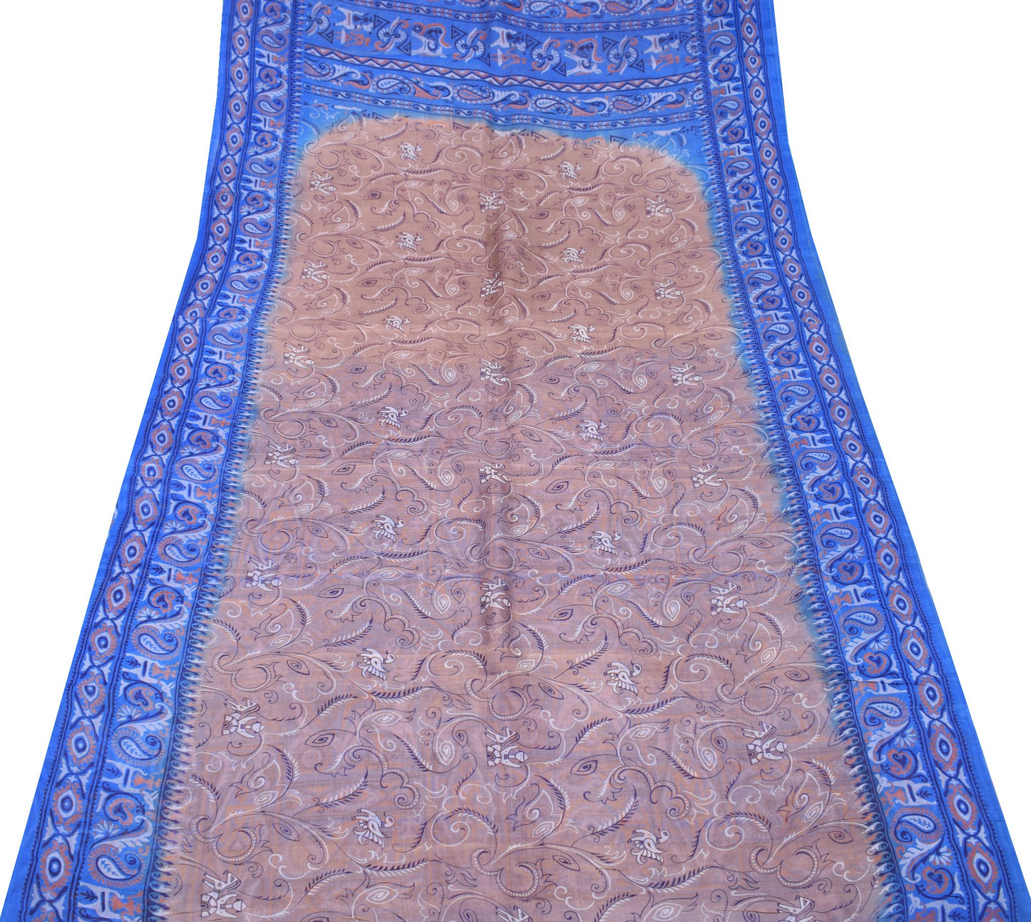 Sushila Vintage Mauve Saree Blue Border Pallu 100% Pure Silk Printed Sari Fabric