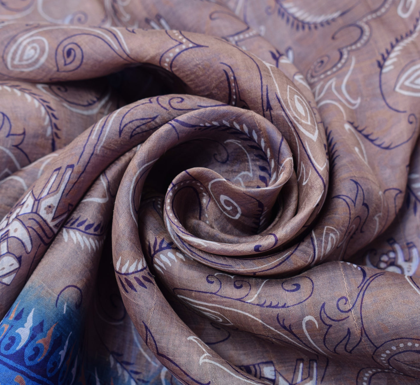 Sushila Vintage Mauve Saree Blue Border Pallu 100% Pure Silk Printed Sari Fabric
