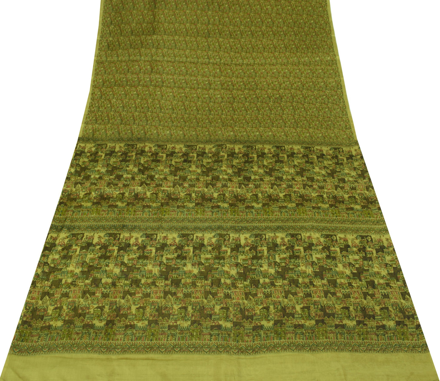 Sushila Vintage Green Saree Pure Silk Printed Antique 6YD Sari Soft Craft Fabric