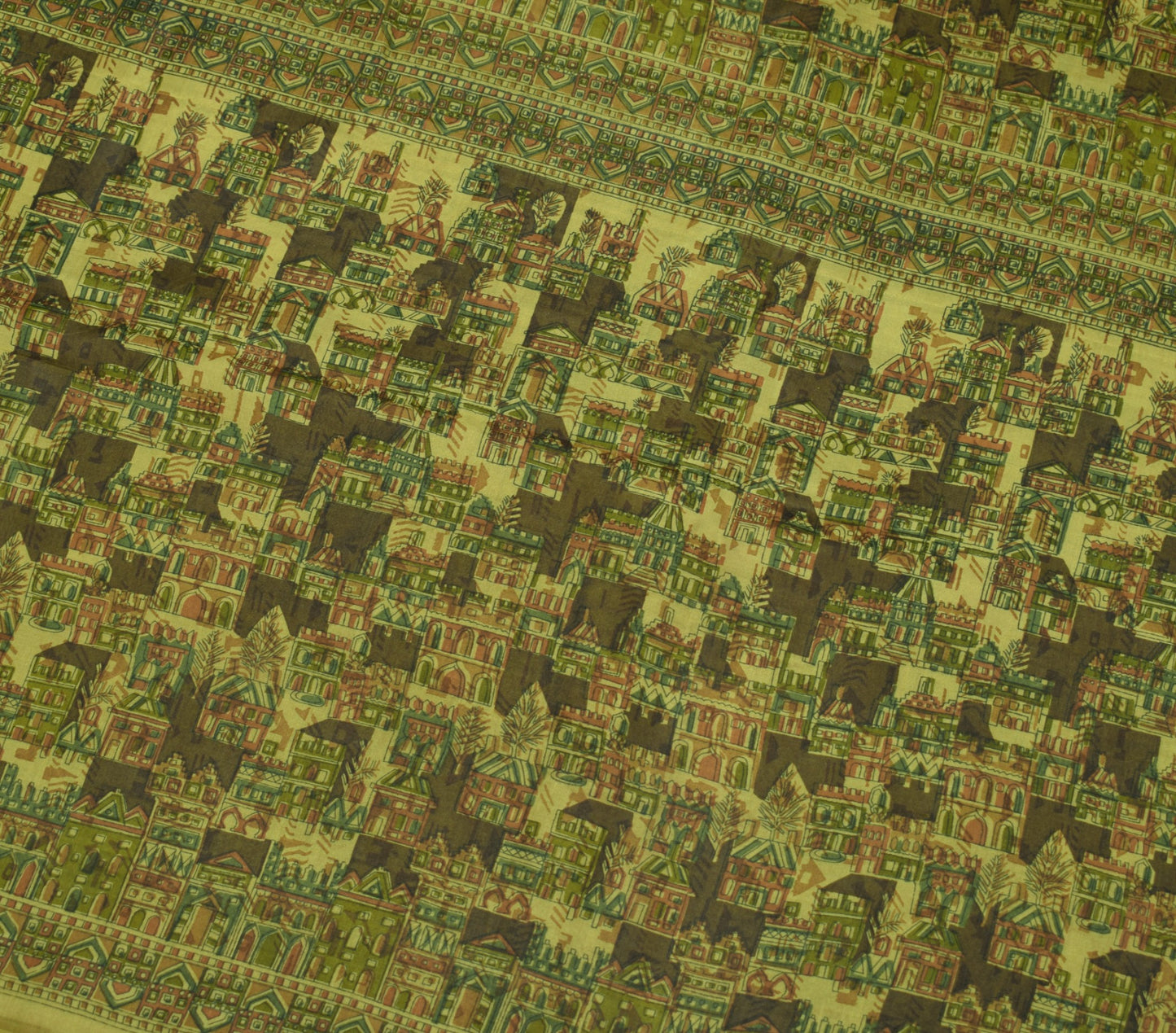 Sushila Vintage Green Saree Pure Silk Printed Antique 6YD Sari Soft Craft Fabric