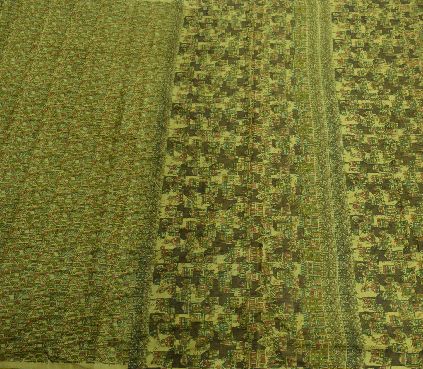 Sushila Vintage Green Saree Pure Silk Printed Antique 6YD Sari Soft Craft Fabric