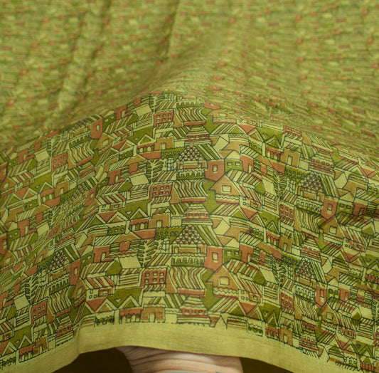 Sushila Vintage Green Saree Pure Silk Printed Antique 6YD Sari Soft Craft Fabric