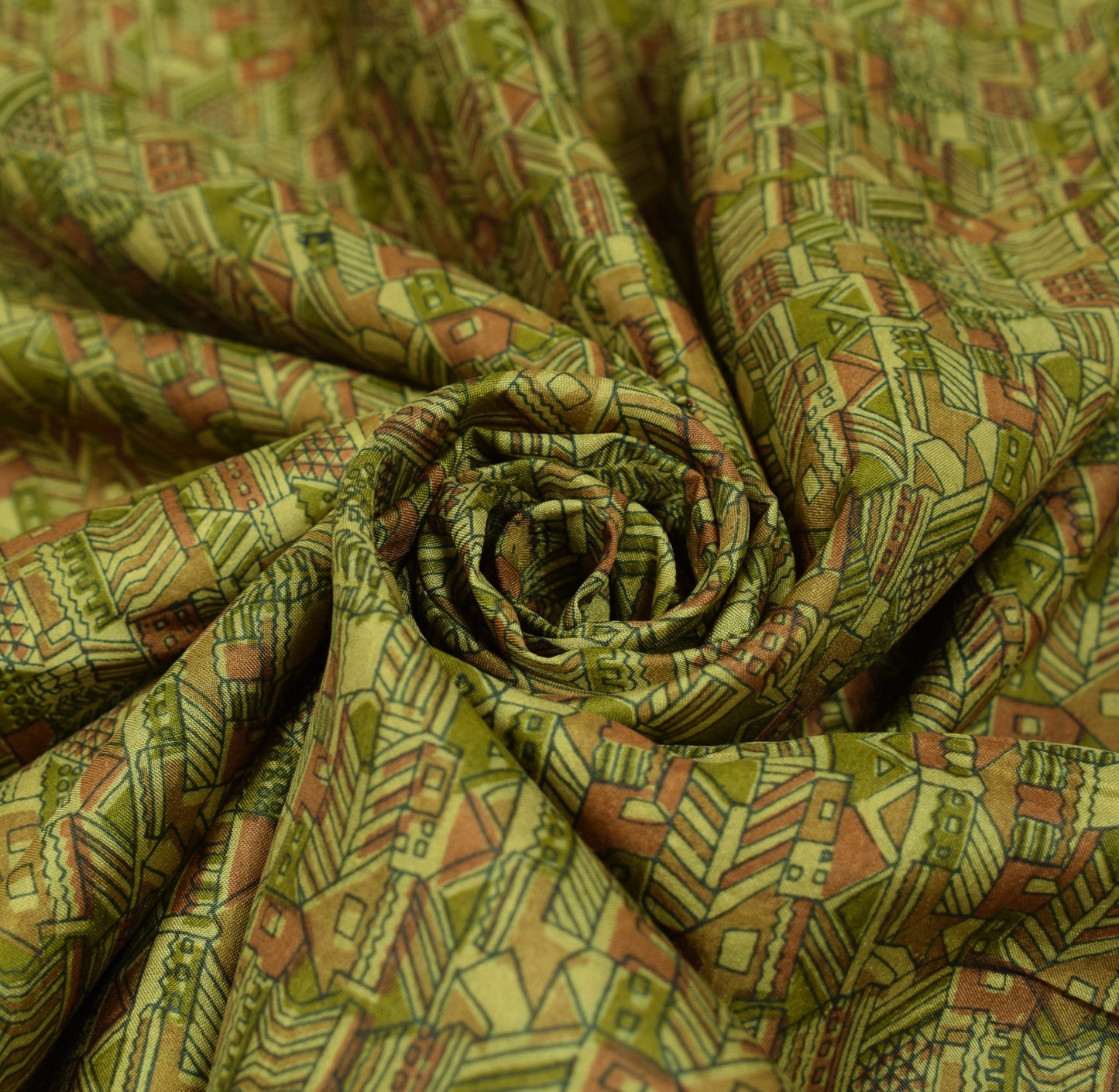 Sushila Vintage Green Saree Pure Silk Printed Antique 6YD Sari Soft Craft Fabric