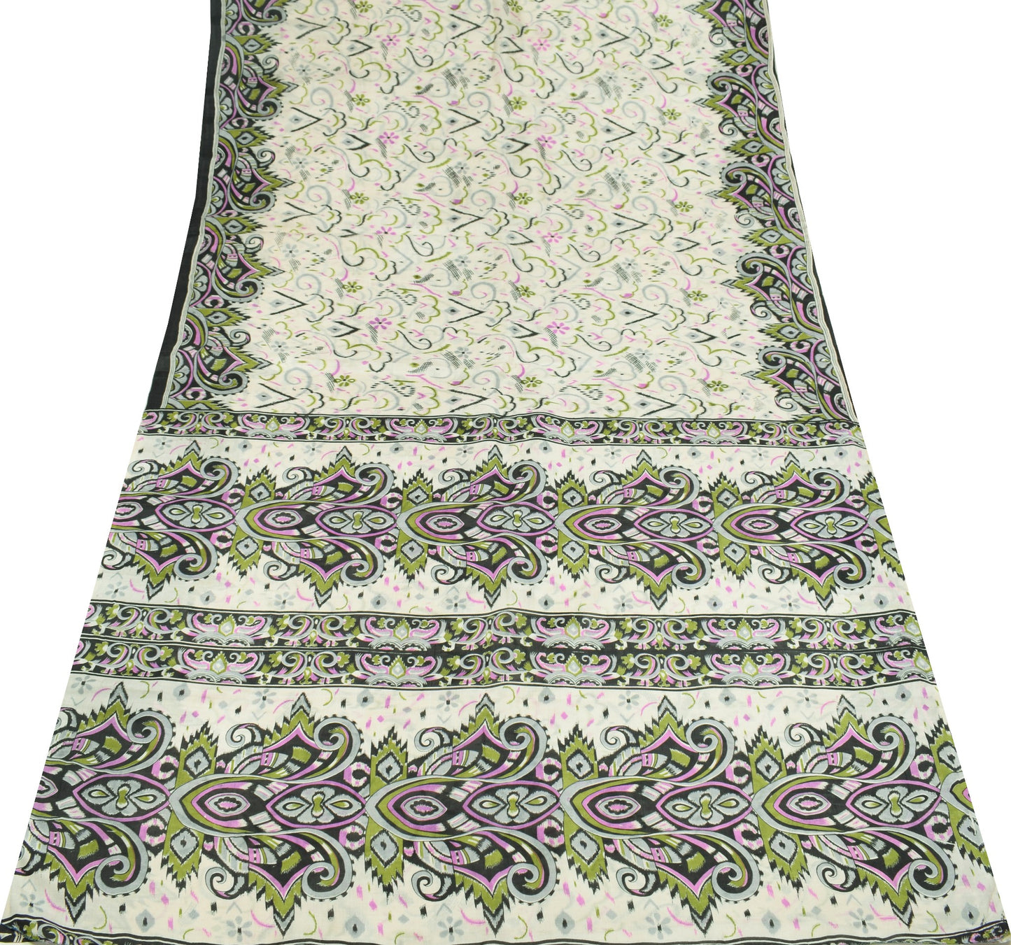 Sushila Vintage Off White Saree 100% Pure Silk Printed 5 Yard Soft Craft Fabric