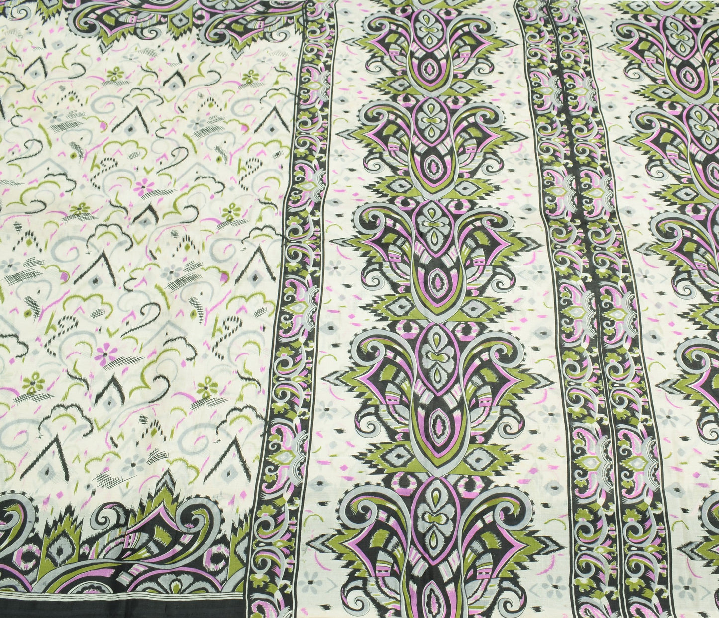 Sushila Vintage Off White Saree 100% Pure Silk Printed 5 Yard Soft Craft Fabric