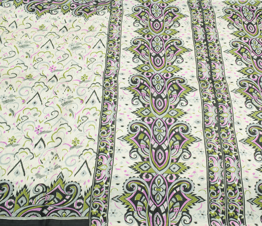 Sushila Vintage Off White Saree 100% Pure Silk Printed 5 Yard Soft Craft Fabric
