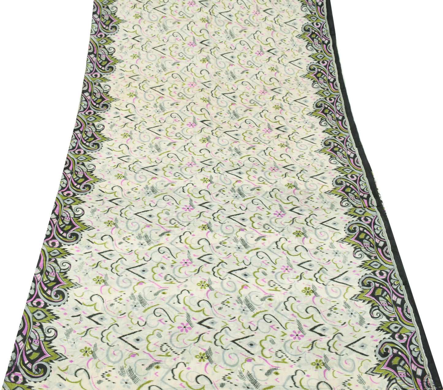 Sushila Vintage Off White Saree 100% Pure Silk Printed 5 Yard Soft Craft Fabric