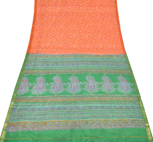 Sushila Vintage Orange Green Saree Pure Silk Printed Paisley Soft 6 Yard Fabric