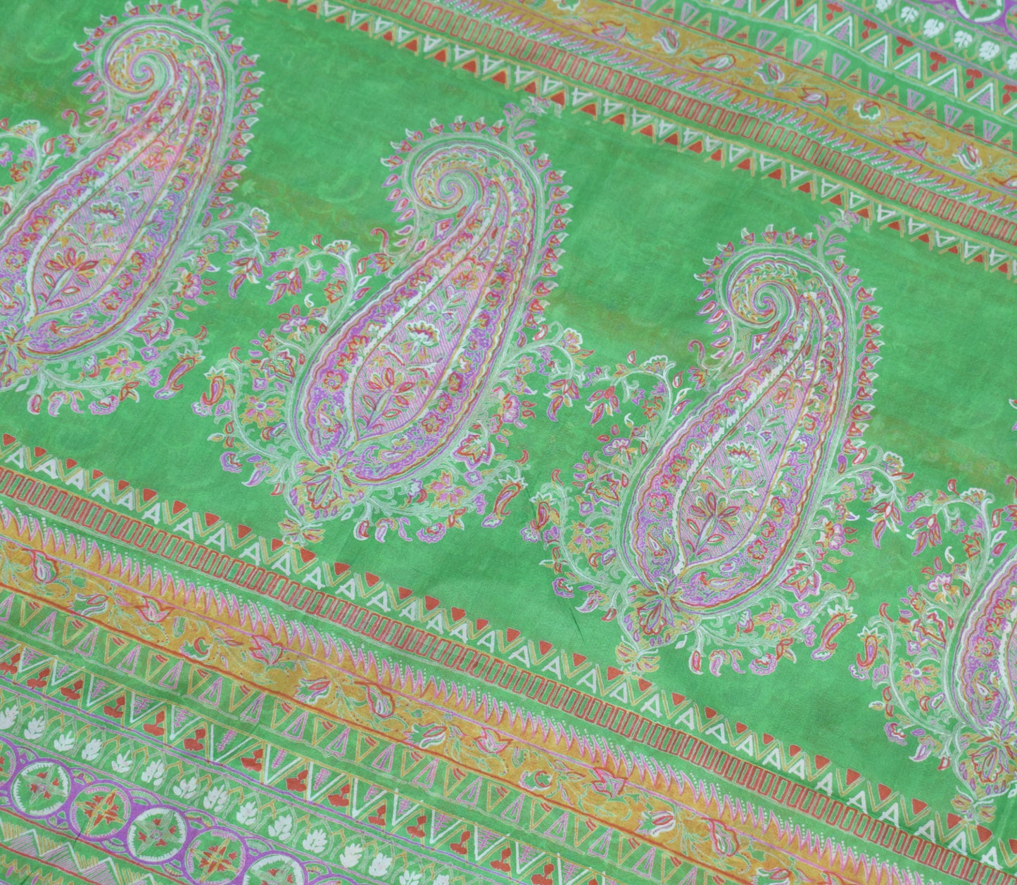 Sushila Vintage Orange Green Saree Pure Silk Printed Paisley Soft 6 Yard Fabric