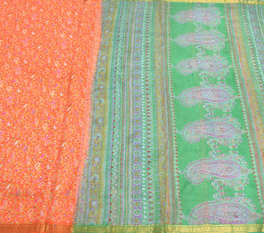 Sushila Vintage Orange Green Saree Pure Silk Printed Paisley Soft 6 Yard Fabric