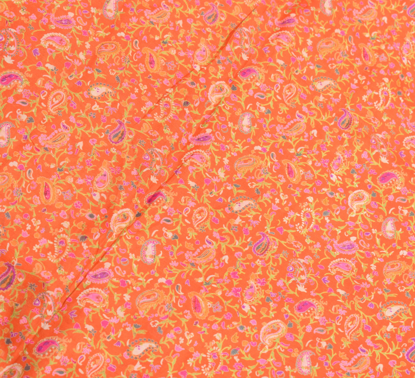 Sushila Vintage Orange Green Saree Pure Silk Printed Paisley Soft 6 Yard Fabric