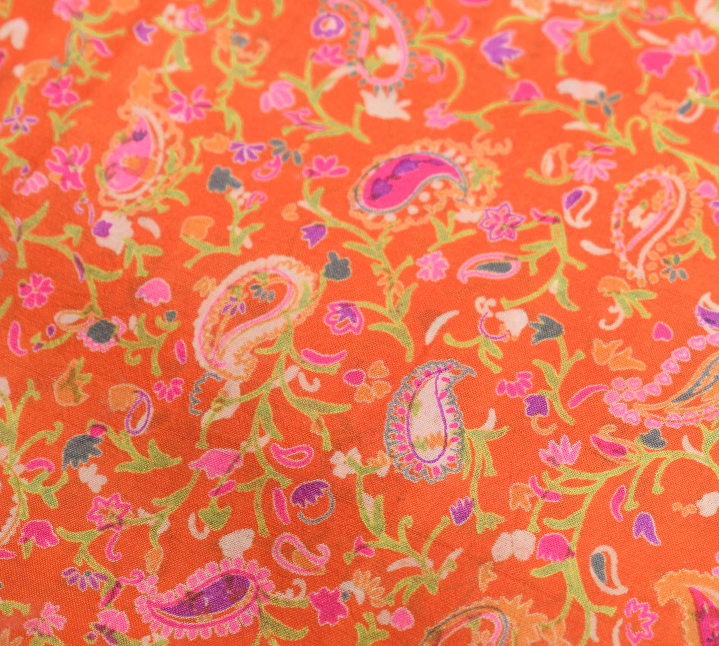 Sushila Vintage Orange Green Saree Pure Silk Printed Paisley Soft 6 Yard Fabric