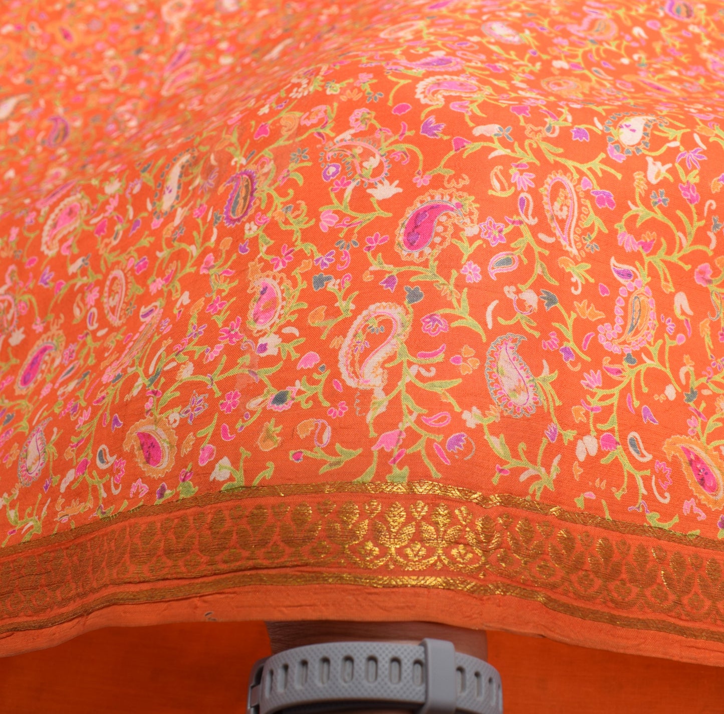Sushila Vintage Orange Green Saree Pure Silk Printed Paisley Soft 6 Yard Fabric