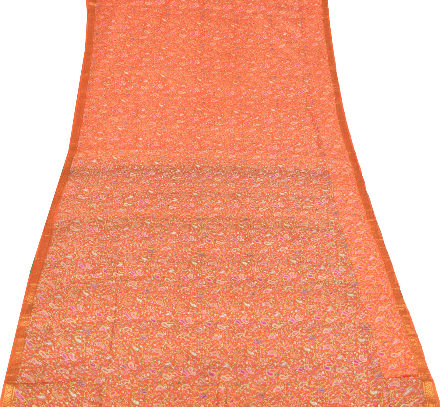 Sushila Vintage Orange Green Saree Pure Silk Printed Paisley Soft 6 Yard Fabric