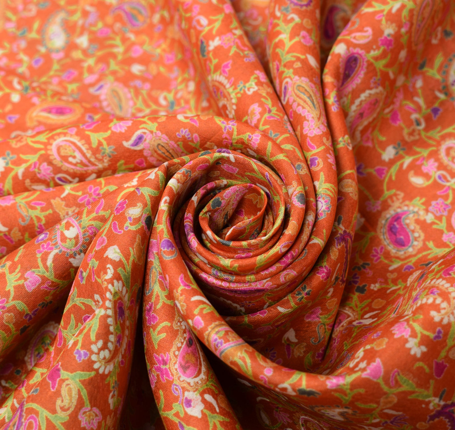 Sushila Vintage Orange Green Saree Pure Silk Printed Paisley Soft 6 Yard Fabric