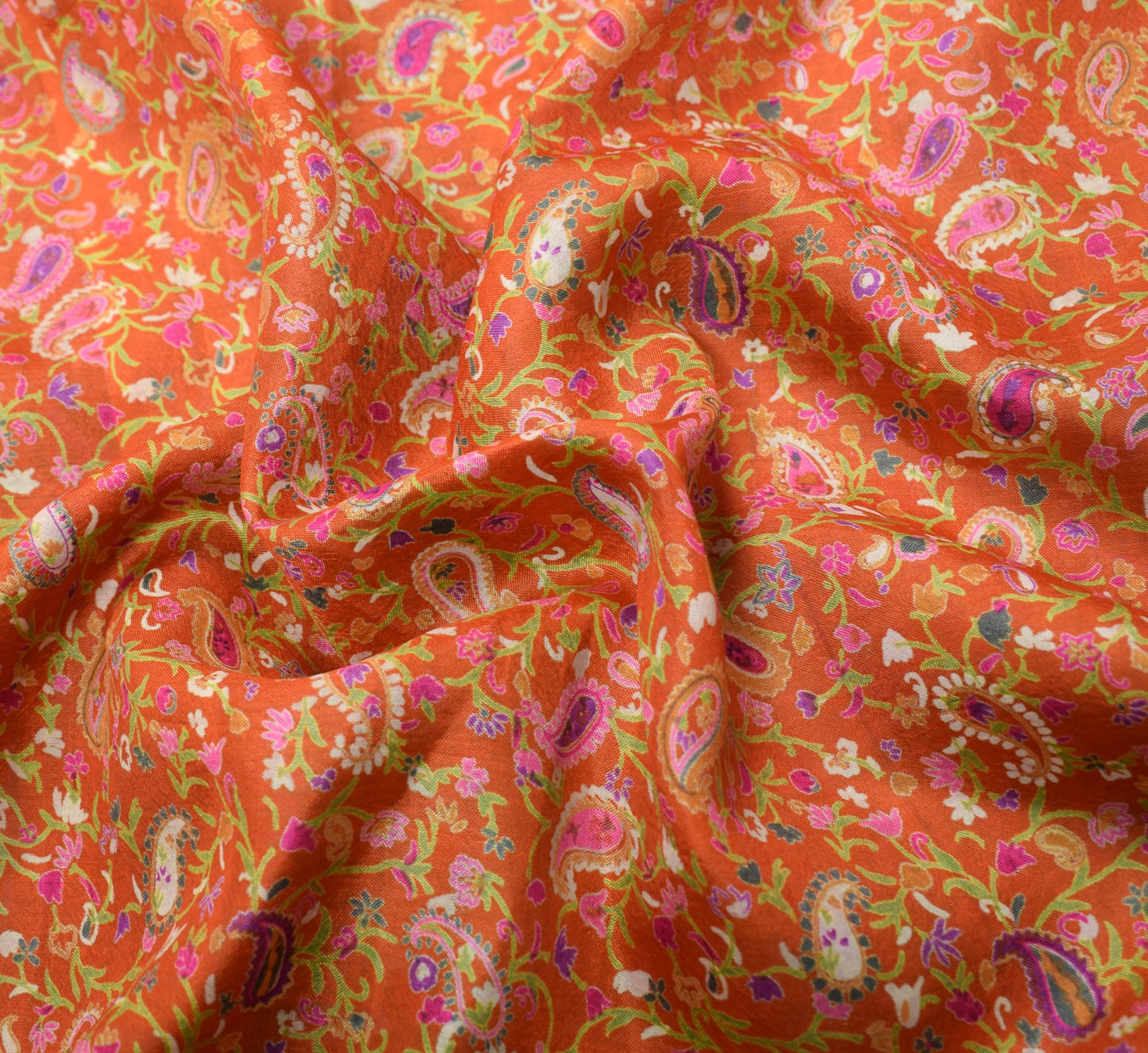 Sushila Vintage Orange Green Saree Pure Silk Printed Paisley Soft 6 Yard Fabric