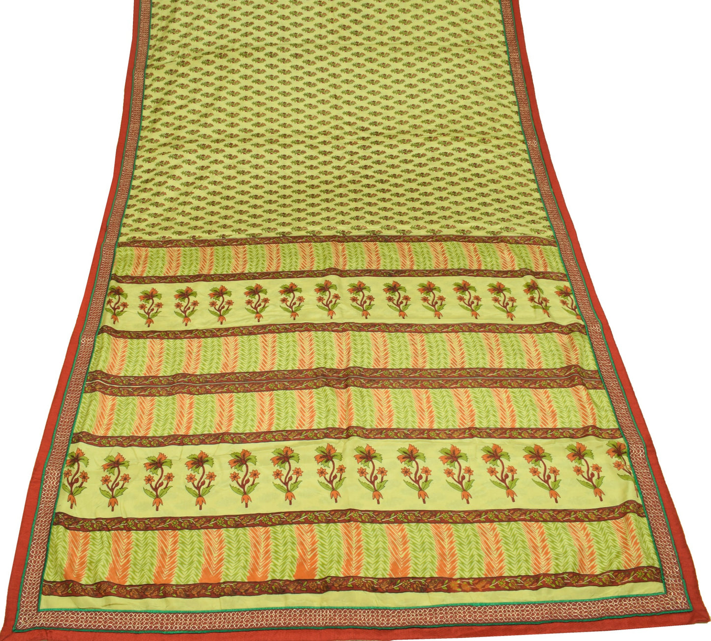 Sushila Vintage Floral Green Saree Red Border Pure Silk Print Soft Craft Fabric