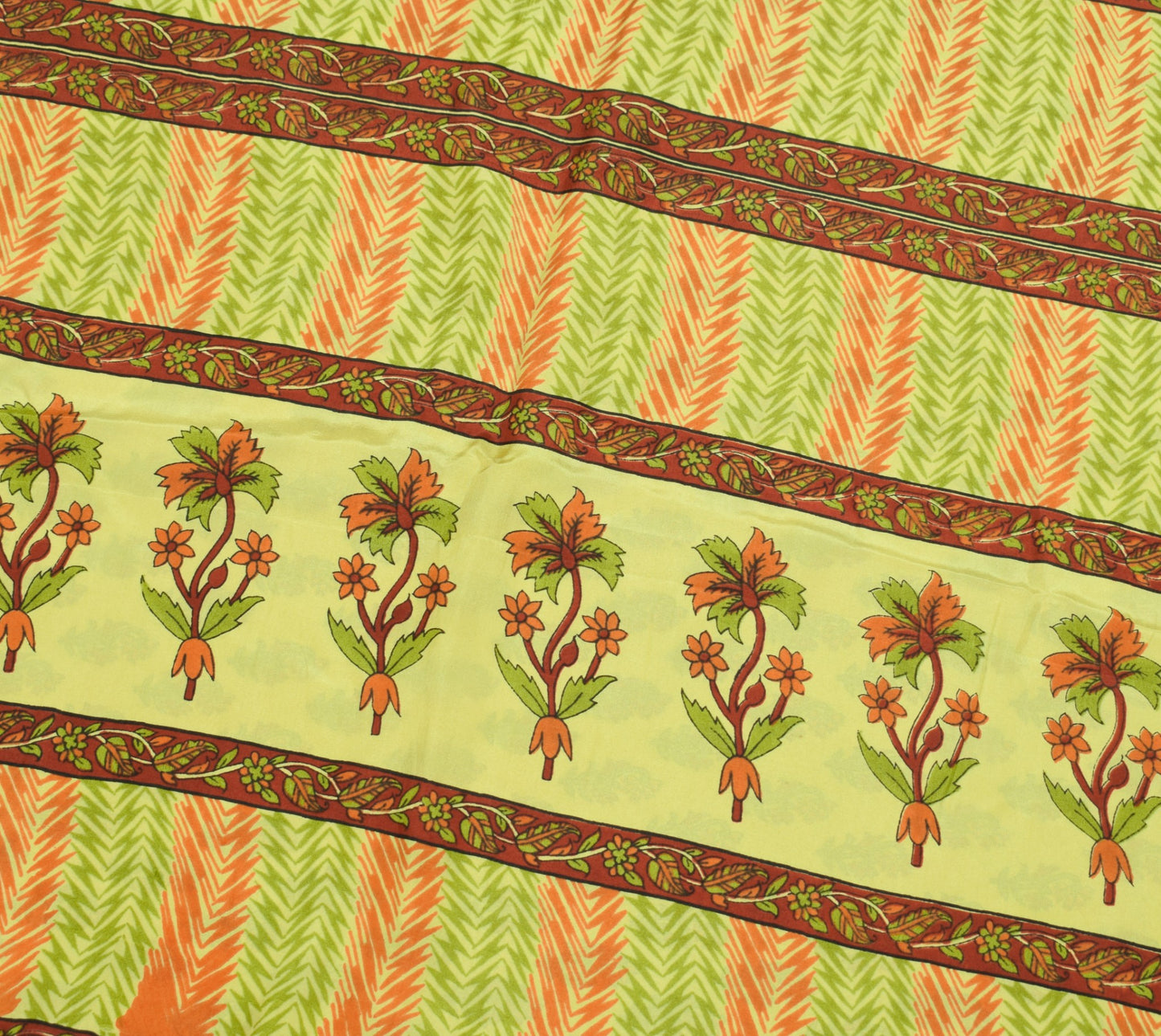 Sushila Vintage Floral Green Saree Red Border Pure Silk Print Soft Craft Fabric