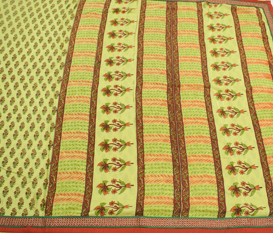 Sushila Vintage Floral Green Saree Red Border Pure Silk Print Soft Craft Fabric