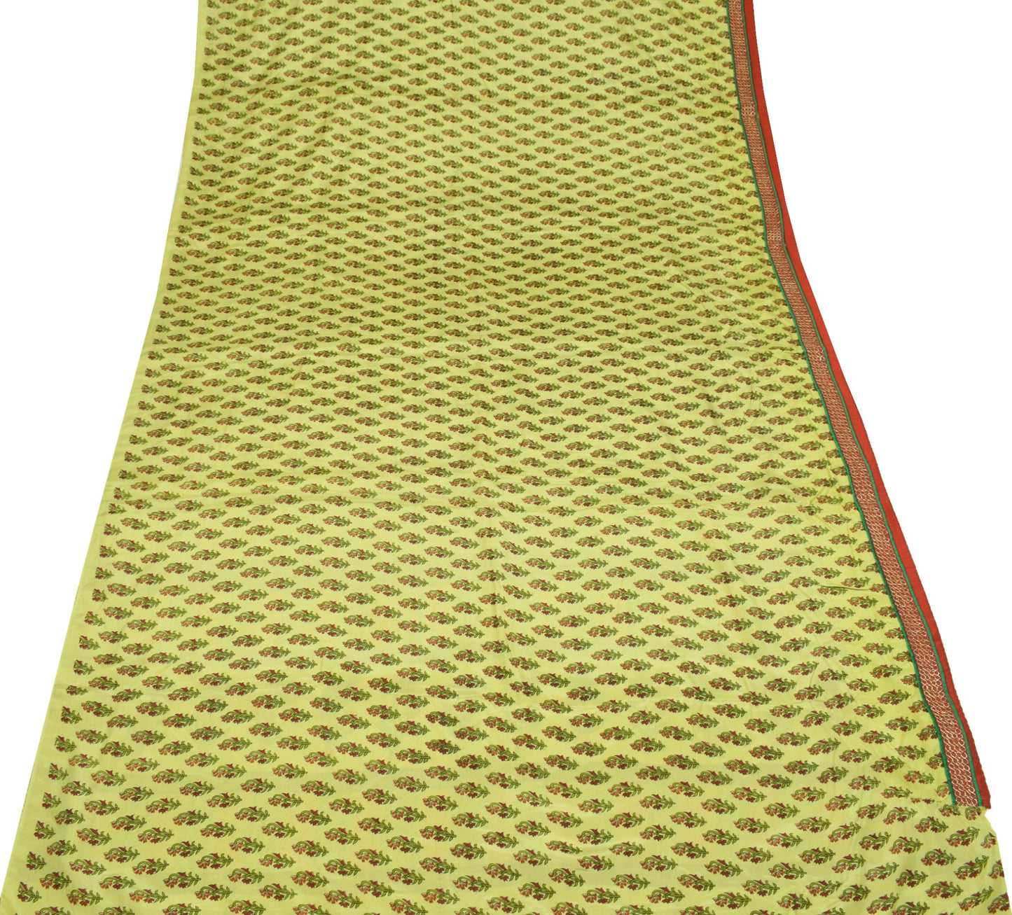 Sushila Vintage Floral Green Saree Red Border Pure Silk Print Soft Craft Fabric